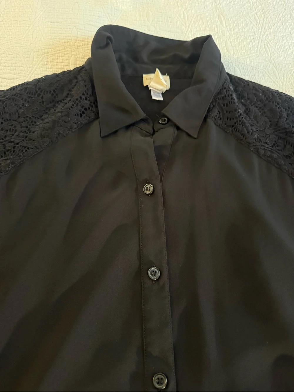 Chico's Black Lace-Shoulder Button-Down Blouse
